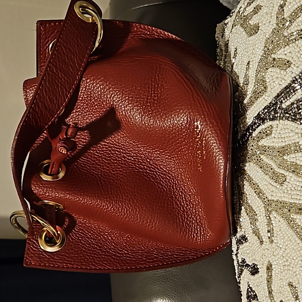 Anna Paola Drawstring Bucket Crossbody Bag (Color Burgundy)